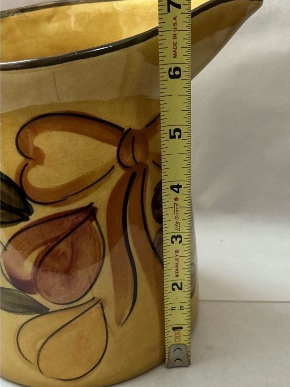 Yellow Ceramic Pitcher with Fruit and Bow Motif - Picture 10 of 10